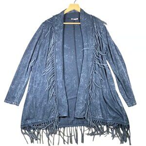 Cover Charge Women's Cardigan Duster Blue Acid Wash Fringe Kimono XL